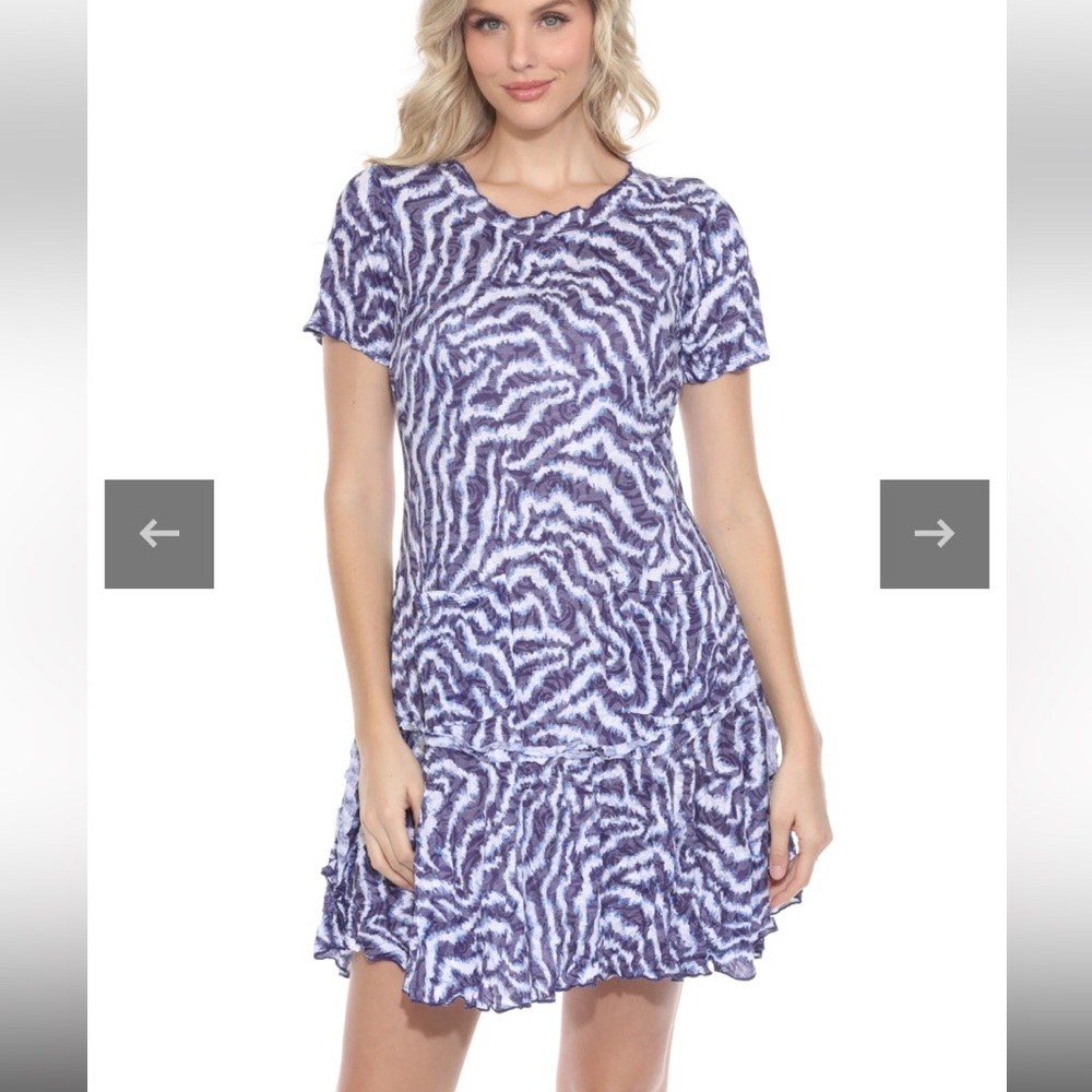 Carine Riley Dress Large Blue and White Patterned Dress pockets ruffled